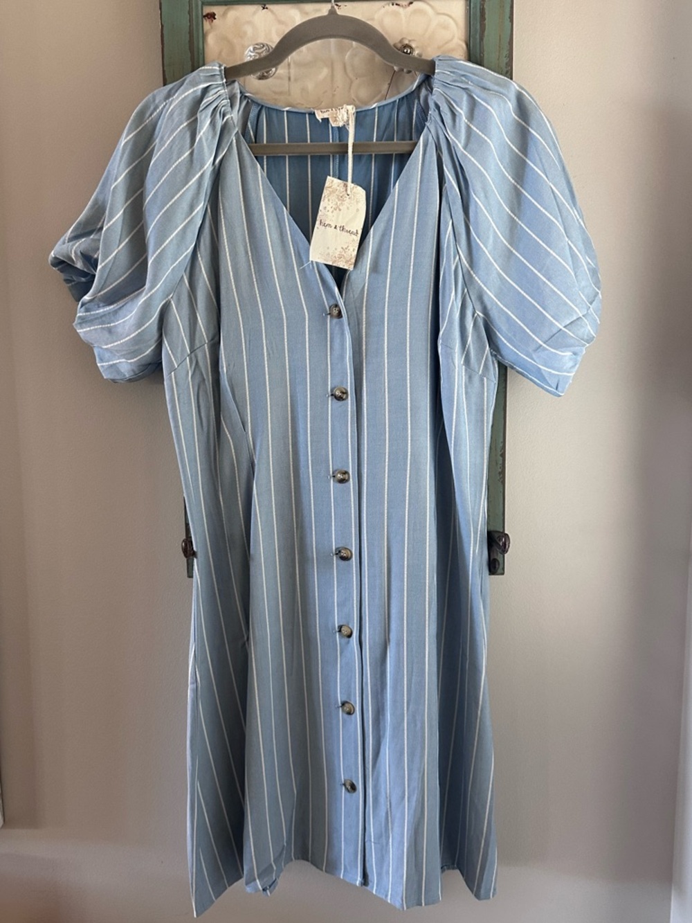 Hem & Thread Light Blue and White Striped Button-Front Puff Sleeve Dress